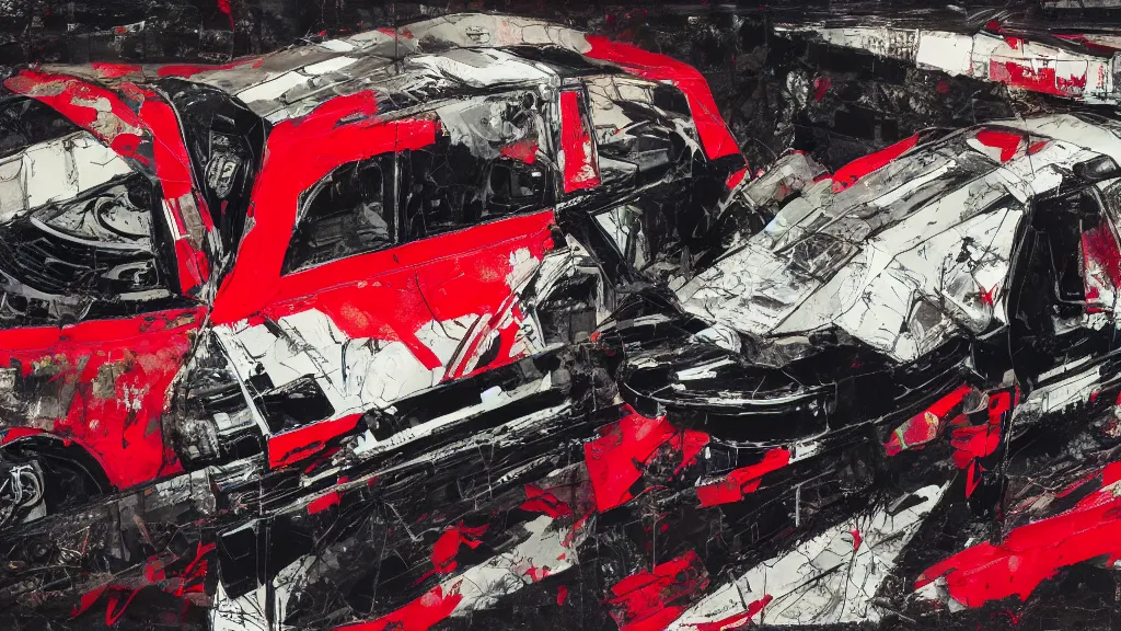 Image similar to lowrider crash test, collage paper and tape, black and red oil, acrylic on canvas, expressionism, high resolution, cinematic, unreal 6 breathtaking detailed, by blake neubert