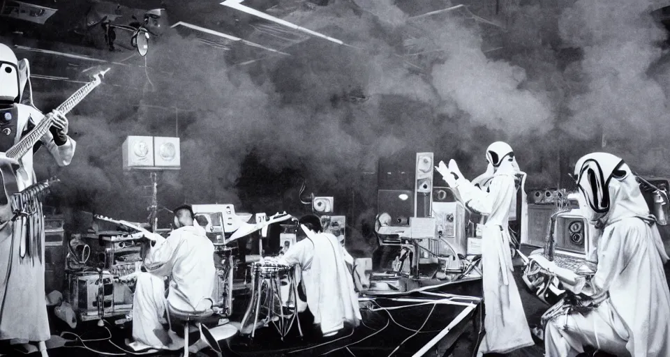 Image similar to 70s scifi film production still of robot musician tribal monks playing music instruments in a futuristic space-station music studio interior with smoke fog steam, half shot, guitarists