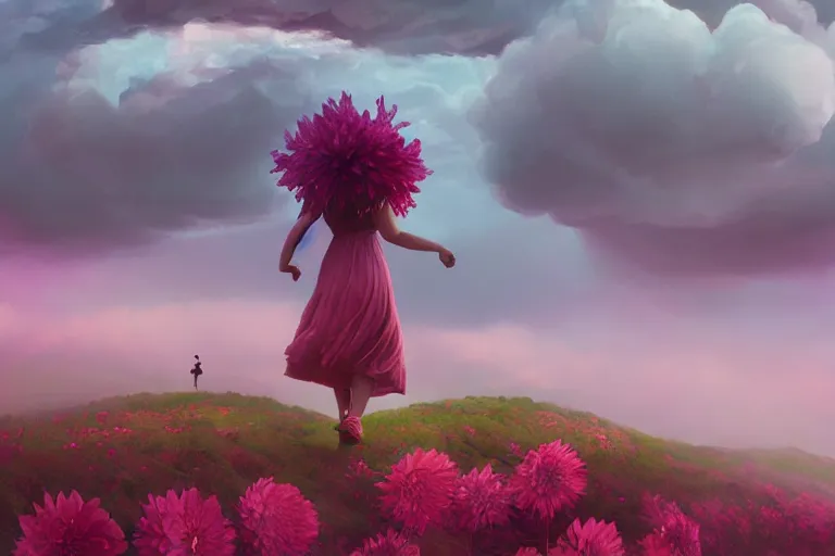 Image similar to giant dahlia flower on the head, girl walking on mountain, surreal photography, pink storm clouds, dramatic light, impressionist painting, digital painting, artstation, simon stalenhag