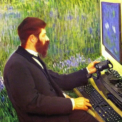 Prompt: monet painting of a frustrated man playing a first person shooter on a computer, highly detailed, realistic,