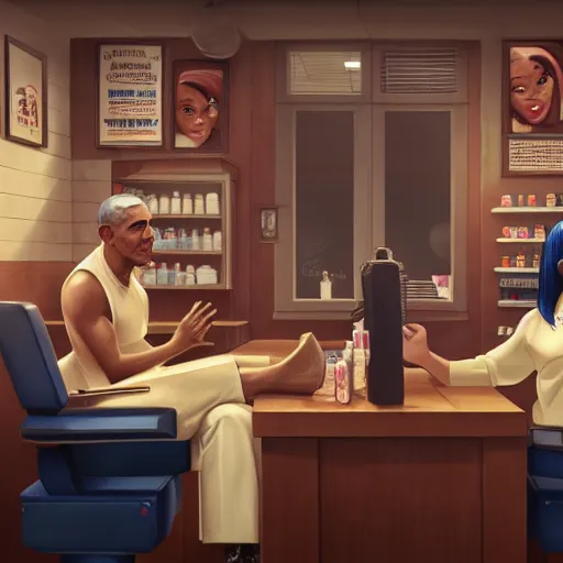 Prompt: illustration of nicki minaj sitting next to barack obama in a barbershop. symmetry, cinematic scene. ambient lighting, brownish colors, hyper detailed. octane render. concept art. trending on artstation.