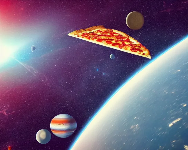 Prompt: a single slice of pizza spaceship in orbit over a single planet space wallpaper starwars digital art 4 k atmospheric cinematic shot octane render