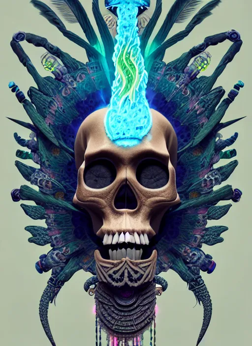 Image similar to 3 d shaman with tattoos profile portrait, sigma 5 0 0 mm f / 5. beautiful intricate highly detailed quetzalcoatl skull and feathers. bioluminescent, plasma, lava, ice, water, wind, creature, thunderstorm! artwork by tooth wu and wlop and beeple and greg rutkowski, 8 k trending on artstation,