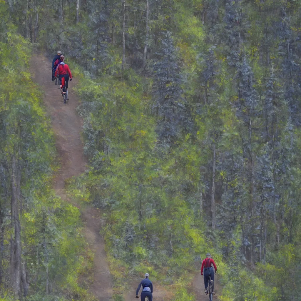 Image similar to Two men biking up a steep forest hill. One with a deep dark blue sweater and the other with a wine red sweater. sweaty. Oil painting. Emotional. Trending on artstation. Steep. Nordic Trees. Rustic. Artistic.