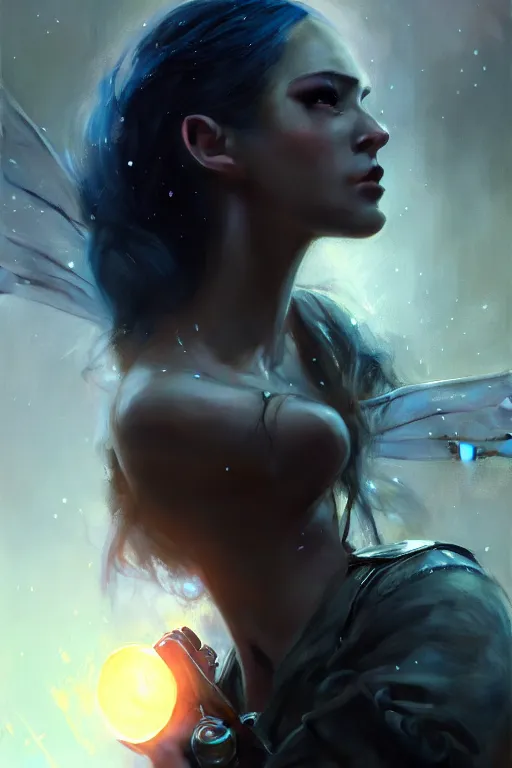 Image similar to cinematic shot of an epic portrait of a fairy dressed in military clothes, shiny skin, beautiful eyes, beautiful, small details, night setting, realistic poster with volumetric light from craig mallism, artgerm, jeremy lipkin and michael garmash, unreal engine, radiant light, detailed and complex environment, digital art, trends at art station, a masterpiece