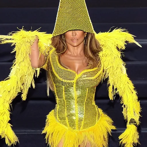 Image similar to full body photo of jennifer lopez, she is wearing a costume of corn on a cob