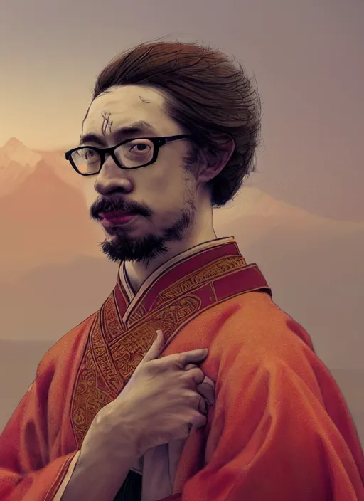 Image similar to sam hyde in hanfu suit, sigma male, accurately portrayed, rule of thirds, by jakub rebelka, martine johanna, wadim kashin, dino valls, great wall of china in the distance, very detailed, smooth, sharp focus, octane render, close up, face anatomy