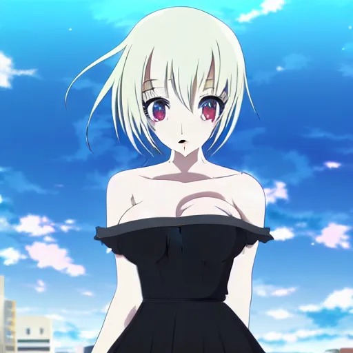 Image similar to anime woman, black dress, rooftop party, symmetrical faces and eyes symmetrical body, middle shot waist up, Madhouse anime, Kyoto animation, Wit studio anime, romantic lighting, 2D animation