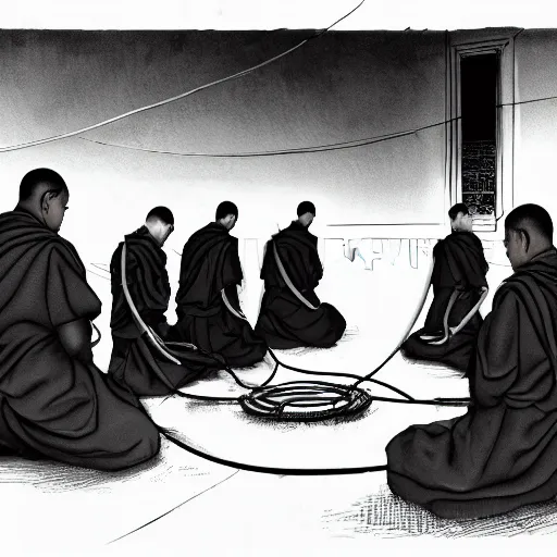 Prompt: 5 monks kneeling in a circle with wires coming out of the back of their heads connecting them to a computer in the center, dark shadowy surroundings, dystopian scifi, horror