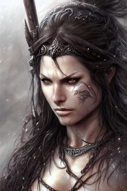 Image similar to portrait of a barbarian, female, high fantasy, dnd, face details, extremely detailed, smooth, sharp focus, digital illustration, by luis royo, magali villeneuve, donato giancola, wlop, krenz cushart, artgerm