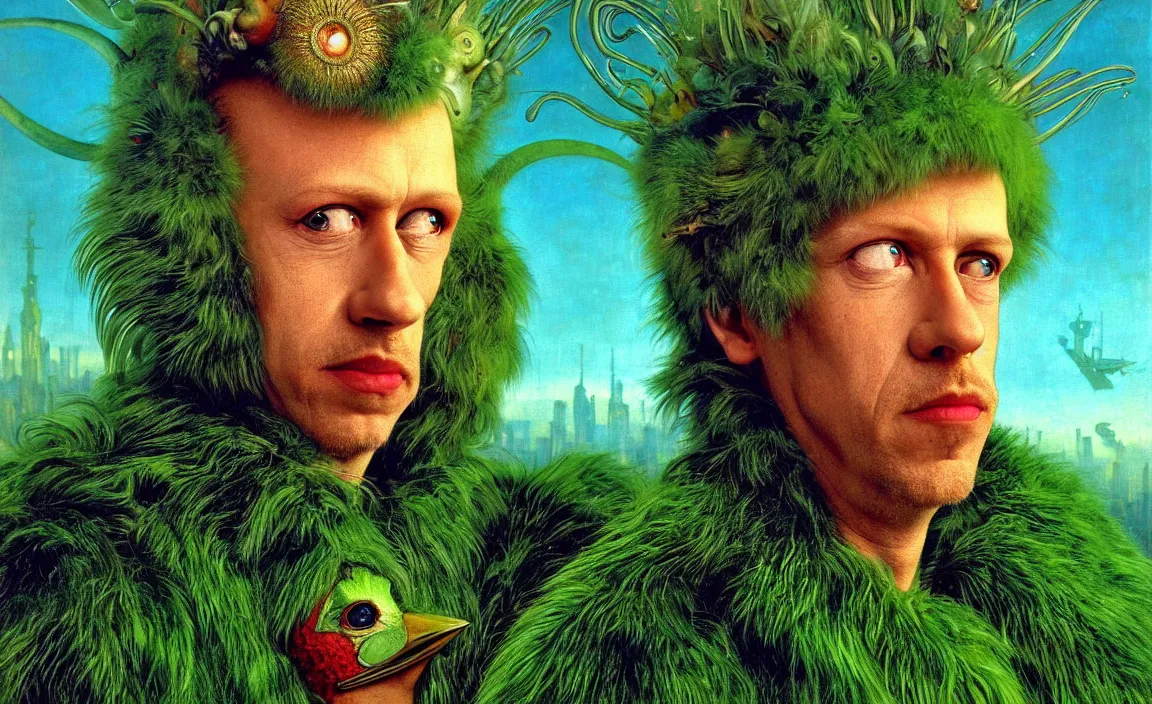 Image similar to realistic detailed portrait movie shot of a birdman wearing green fur coat, sci fi city landscape background by denis villeneuve, amano, yves tanguy, alphonse mucha, ernst haeckel, max ernst, roger dean, masterpiece, rich moody colours, blue eyes, occult