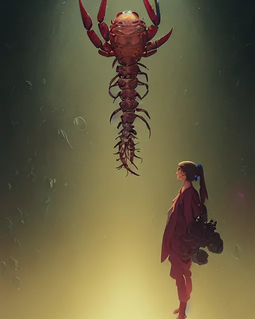 Image similar to highly detailed surreal vfx portrait of a lobsterpunk grim reaper, stephen bliss, unreal engine, greg rutkowski, loish, rhads, beeple, makoto shinkai and lois van baarle, ilya kuvshinov, rossdraws, tom bagshaw, alphonse mucha, global illumination, detailed and intricate environment