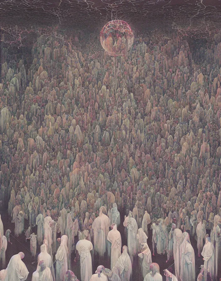 Prompt: worshippers in robes belonging to the cult of the crystal light gather inside a sma room around the big glowing crystal, big glowing crystal radiating white light, interior, high detailed beksinski painting, part by adrian ghenie and gerhard richter. art by takato yamamoto. masterpiece, deep colours