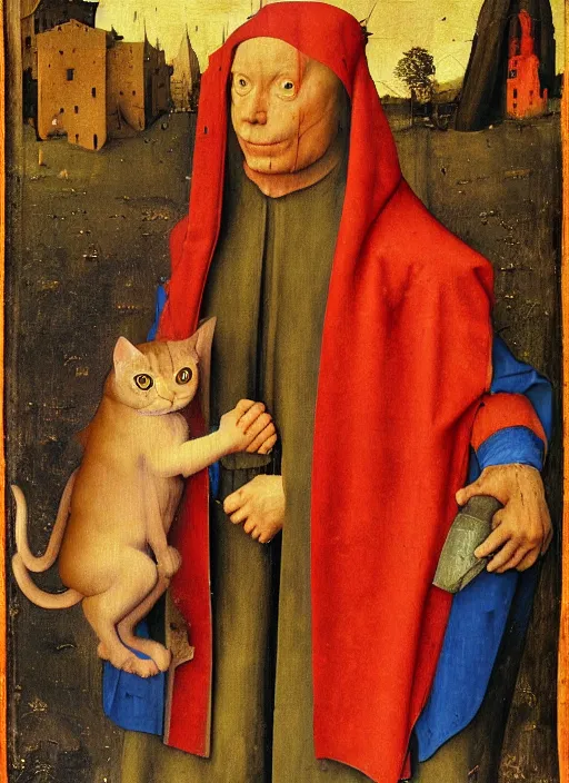 Prompt: red devil cat, Medieval painting by Jan van Eyck, Hieronymus Bosch, Florence