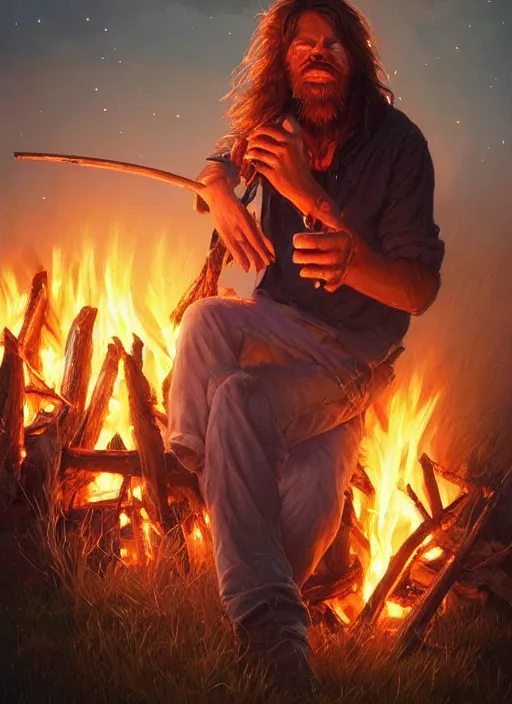 Prompt: highly detailed portrait of long - haired hillbilly around a bonfire, stephen bliss, unreal engine, art by greg rutkowski, loish, rhads, ferdinand knab, makoto shinkai and lois van baarle, artgerm, pixar, ilya kuvshinov, rossdraws, tom bagshaw, global illumination