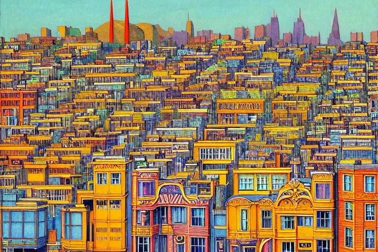 Image similar to a realistic San-Francisco cityscape, from the roof, tall terrace, hills, Golden Gate, houses, parks, and hell bursting by Louis Wain (1920), golden ratio, sharp linework, clean strokes, sharp edges, flat colors, cell shaded by moebius, Jean Giraud, trending on artstation