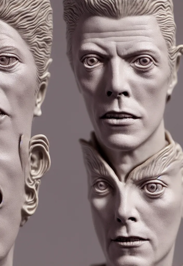 Image similar to David Bowie , A Close up photo-real delicate ceramic porcelain sculpture of a symmetrical ornate detailed in front of an intricate background by Victo Ngai and takato yamamoto, micro detail, backlit lighting, face in focus, subsurface scattering, translucent, thin porcelain, octane renderer, colorful, physically based rendering, japanese pottery, trending on cgsociety