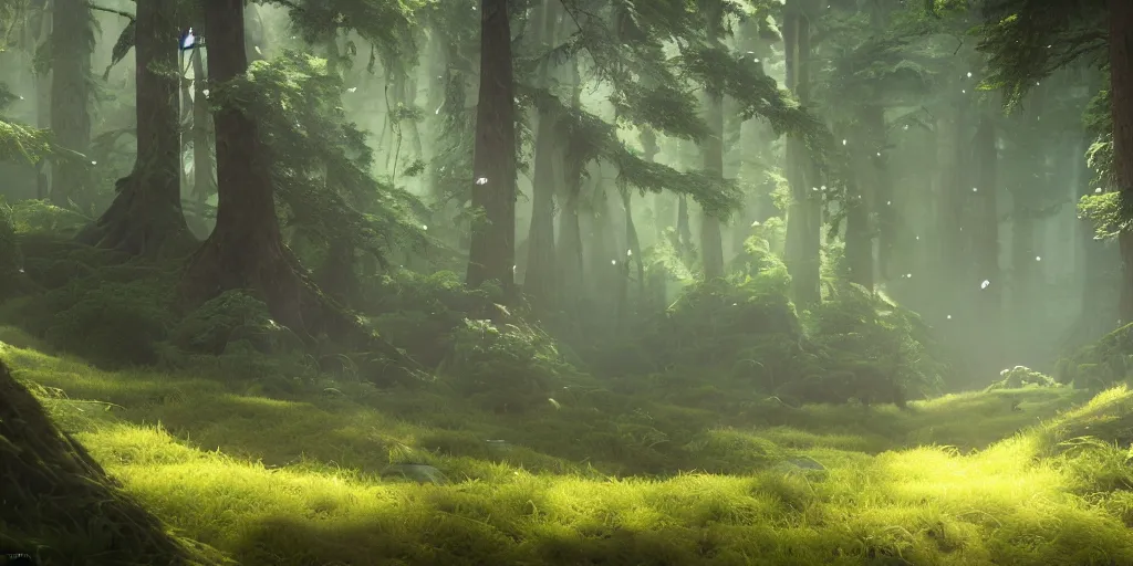 Image similar to a forest, highly detailed, oil painting, cinematic angle, hyperrealistic, beautiful, volumetric lighting, dynamic, Studio Ghibli, digital art, octane render, post-processing, beautiful composition, trending on artstation, masterpiece