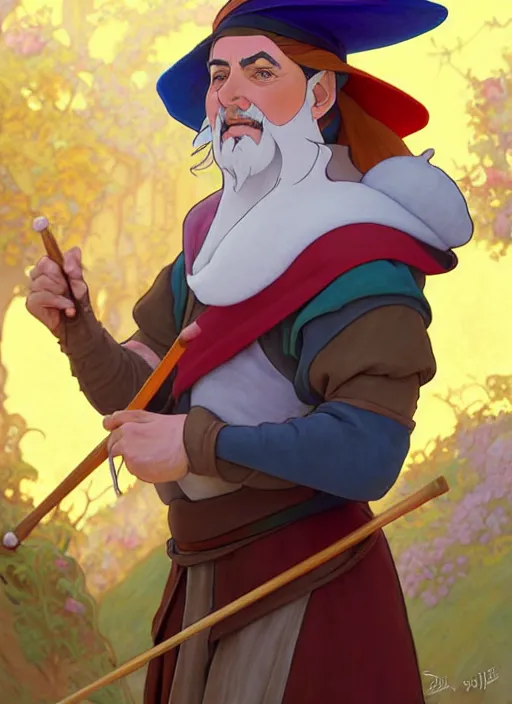 Image similar to regal medieval artist wearing colourful hat, holding a paint palette, natural lighting, path traced, highly detailed, high quality, digital painting, by don bluth and ross tran and studio ghibli and alphonse mucha, artgerm