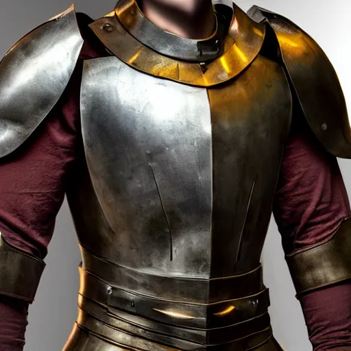 Image similar to spartan armor concept made of steel and leather with golden details and LED lights, concept art, armor