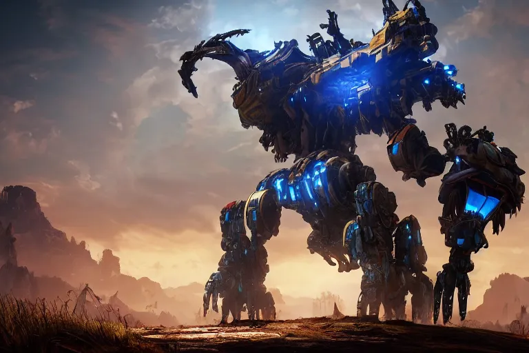 Image similar to thunderjaw machine mecha animal beast robot of horizon forbidden west horizon zero dawn bioluminiscence global illumination ray tracing hdr fanart arstation by sung choi and eric pfeiffer and gabriel garza and casper konefal