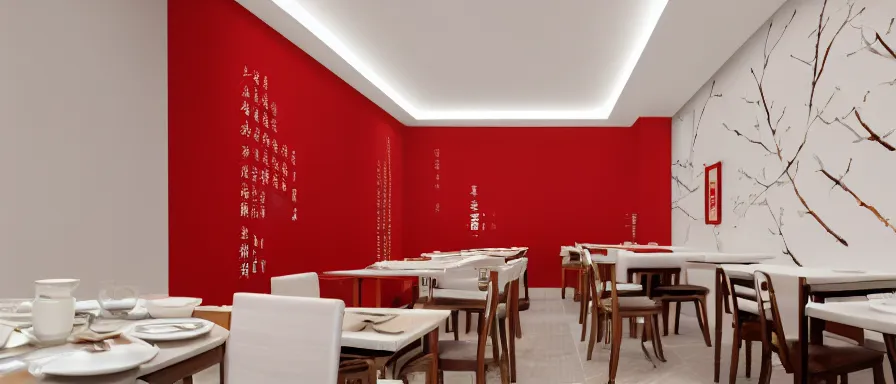 Image similar to a beautiful simple interior render of small roasted string hotpot restaurant restaurant yan'an, wall corner, from china, red paper wall and white tile floor, rectangle white porcelain table, fine simple delicate structure, chinese style, simple composition, simple style structure decoration design, victo ngai, 4 k hd