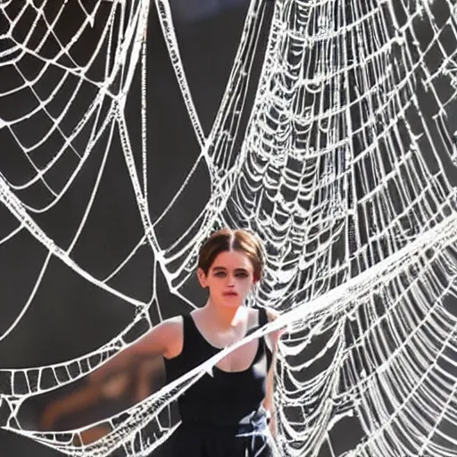 Prompt: emma watson dangling from like a pendulum in spider webs