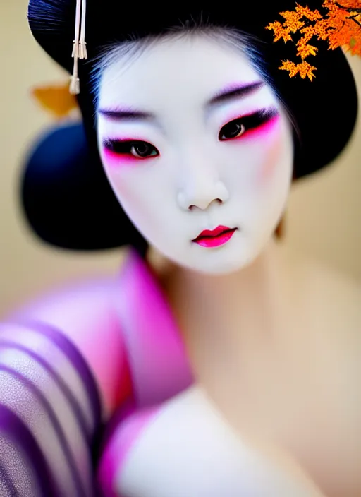 Prompt: sexy glamorous Geisha extreme closeup photo portrait, beautiful pale makeup, pearlescent skin, elegant pose, very detailed, highly detailed kimono, photorealism, sharp focus, photorealism, soft diffuse autumn lights, some sunlight ray, dark room wall, canon 5D 50 mm lens, zen temple background