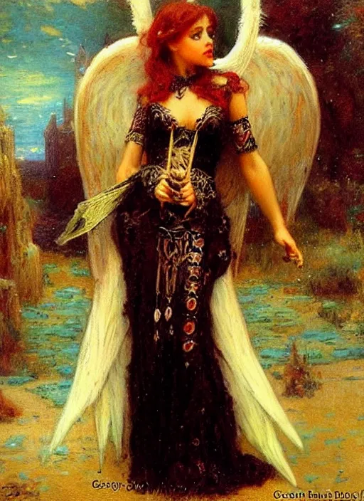 Image similar to angel knight gothic girl, baroque dress. by gaston bussiere