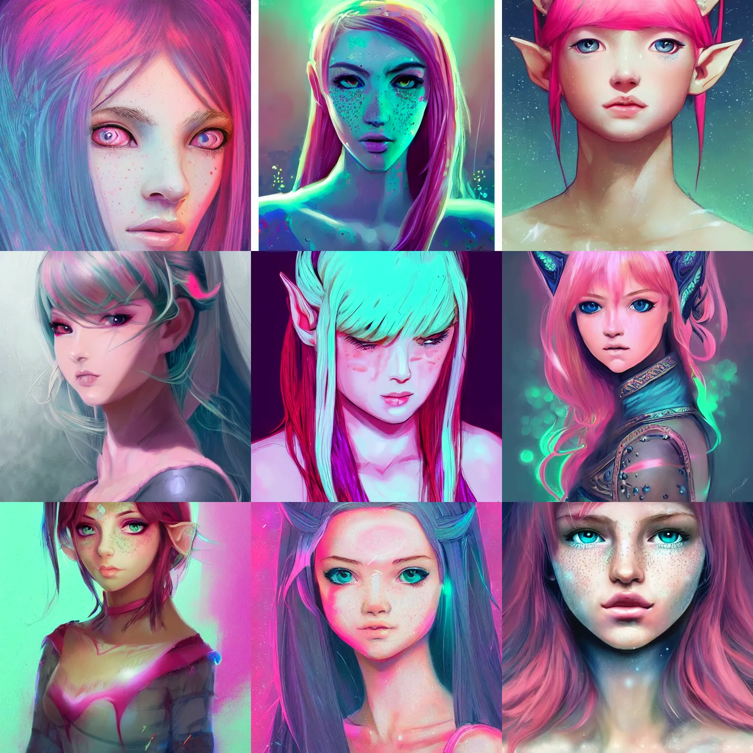 Prompt: girl portrait, elven warrior princess, head and shoulders, matte print, pastel pink, neon highlights, digital art, cute freckles, digital painting, fan art, elegant, pixiv, by Ilya Kuvshinov, daily deviation, IAMAG, illustration collection aaaa updated watched premiere edition commission ✨ whilst watching fabulous artwork \ exactly your latest completed artwork discusses upon featured announces recommend achievement