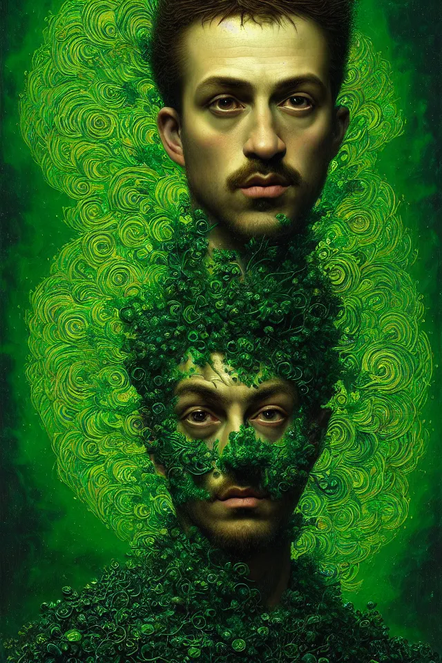 Prompt: bizarre green galckloght detailed renaissance portrait of mario as a highly detailed realistic real life person, dramatic cinematic lighting, 8 k, beautiful intricate painting by james r eads and tomasz alen kopera