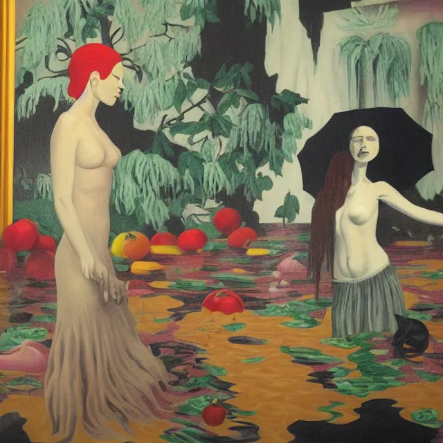 Image similar to tall female emo vegan socialist artist in their flooded apartment, painting of flood waters inside an artist's home, a river flooding indoors, pomegranates, pigs, ikebana, zen, water, octopus, river, rapids, waterfall, black swans, canoe, berries, acrylic on canvas, surrealist, by magritte and monet