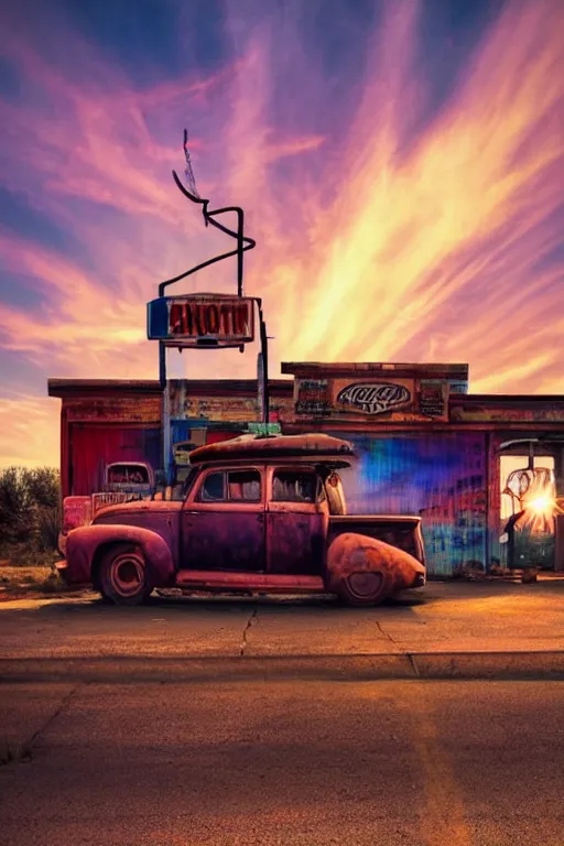 Image similar to a sunset light landscape with historical route 6 6, lots of sparkling details and sun ray ’ s, blinding backlight, smoke, volumetric lighting, colorful, octane, 3 5 mm, abandoned gas station, old rusty pickup - truck, beautiful epic colored reflections, very colorful heavenly, softlight