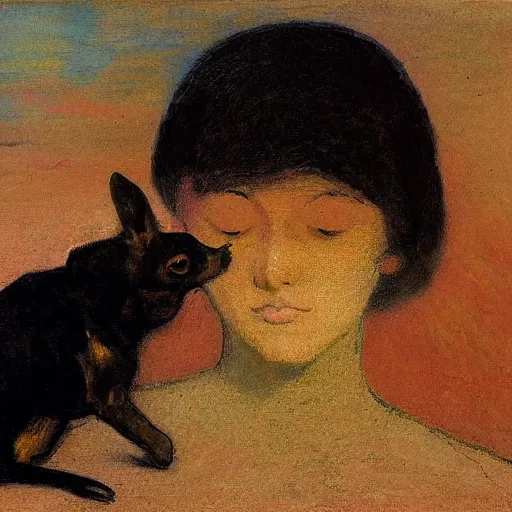 Image similar to a woman and her black and brown chihuahua at the sea by odilon redon