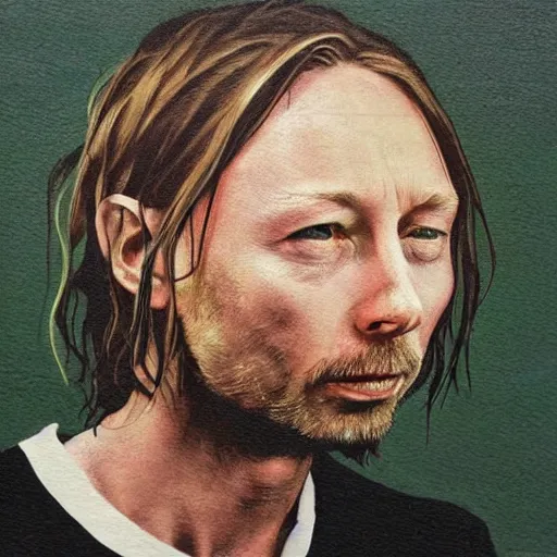 Image similar to prints of random thom yorke versions on a table, hyper realistic, many very random variations of thom yorke, various emotions, various poses, high quality photographs, mixed styles, intricate details, diverse