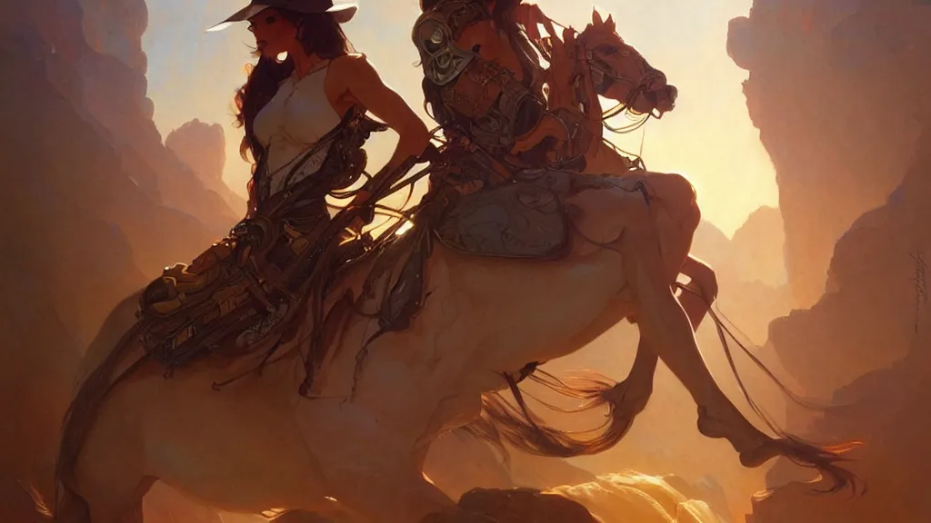 Image similar to cowboy dream, sci - fi, stunning, intricate, elegant. highly detailed, digital painting. artstation. smooth. sharp focus. illustration. art by artgerm and greg rutkowski and alphonse mucha