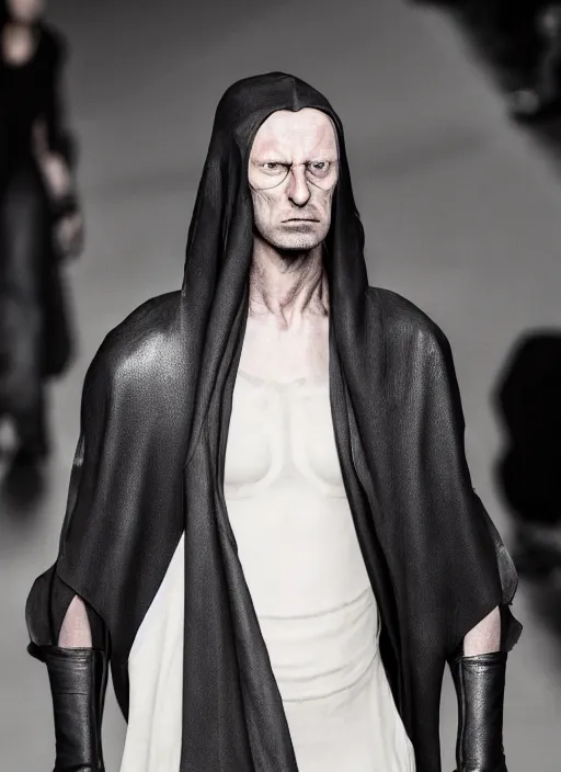 Image similar to hyperrealistic and heavy detailed rick owens avant garde runway show of batman, leica sl 2 5 0 mm, vivid color, high quality, high textured, real life