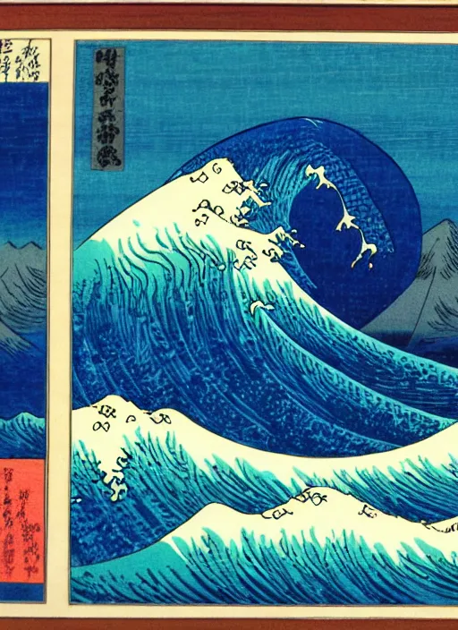 Image similar to a painting of waves in the ocean with mountains in the background, a woodcut by utagawa hiroshige ii, pixiv, ukiyoe, ukiyoe, vaporwave, woodcut