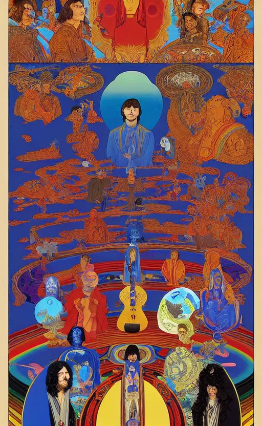 Image similar to a breath - taking jean giraud work of art of the beatles in the style of a renaissance masters portrait, mystical and new age symbolism and tibetan book of the dead imagery, intricately detailed, 4 k