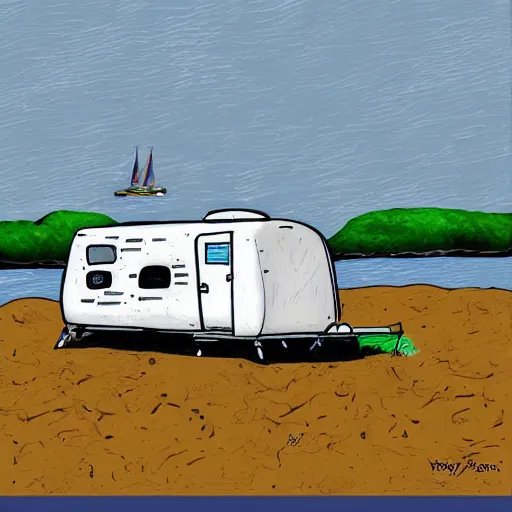 Prompt: big rv trailer on the grass by the harbor in maine, rocky coast, sailboats in the water, tiny village, white background, digital cartoon painting art, 4 colors!!! trending on artstation