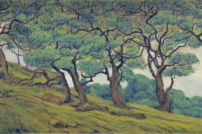 Image similar to masterpiece painting of oak trees on a hillside overlooking a creek, by leng mei lennie lee leo goetz leo leuppi leo lionni leo michelson leo valledor leo and diane dillon leon chwistek leon golub leon kaplinski leon kossoff leon kroll leon polk smith leon wyczołkowski leona wood