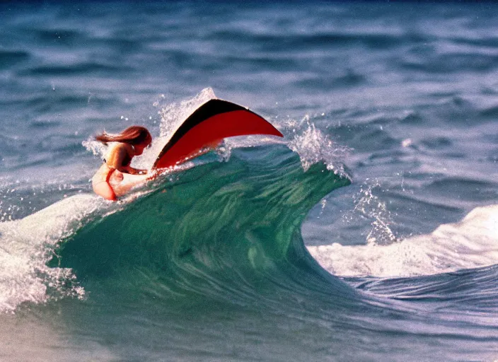 Prompt: color photo of a shark fin in water. surfergirl riding a wave in the 8 0's