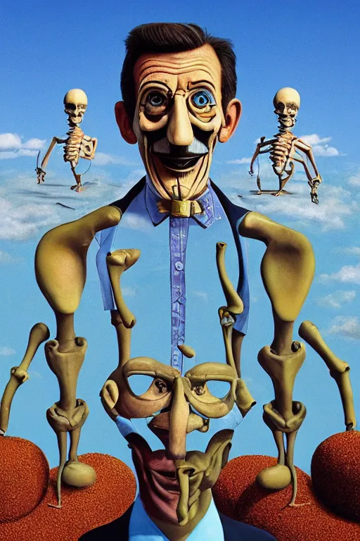 Prompt: Barry Chuckle, emperor of gravy skeletons. Neo-Andean architecture by Freddy Mamani. Painting by René Magritte, 3D rendering by Beeple, sketch by R. Crumb