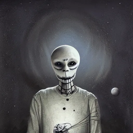 Prompt: michal karcz surrealism charcoal painting of the end of an astronaut happy in the galaxy. , in the style of jack skellington, in the style of a clown, loony toons style, horror theme, detailed, elegant, intricate, 4k, Renaissance painting