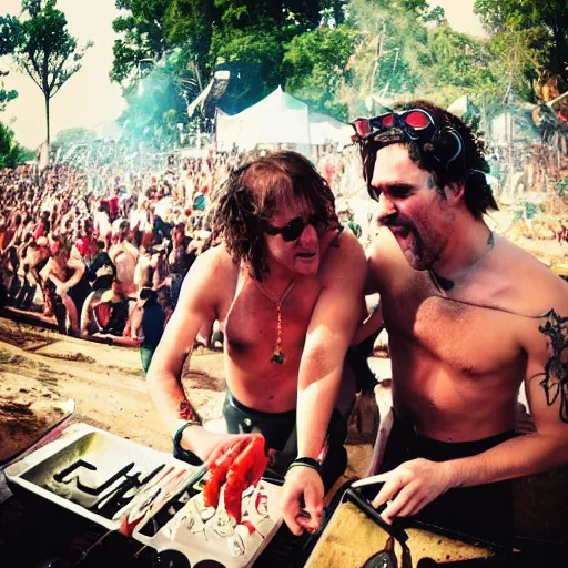 Image similar to scandy and arender, cooking it up, hot hot hot, splash, ahhhhhhh, roomies, bohemian digitals, playing a live gig at ozora festival, huge crowd, ecstatic, photography