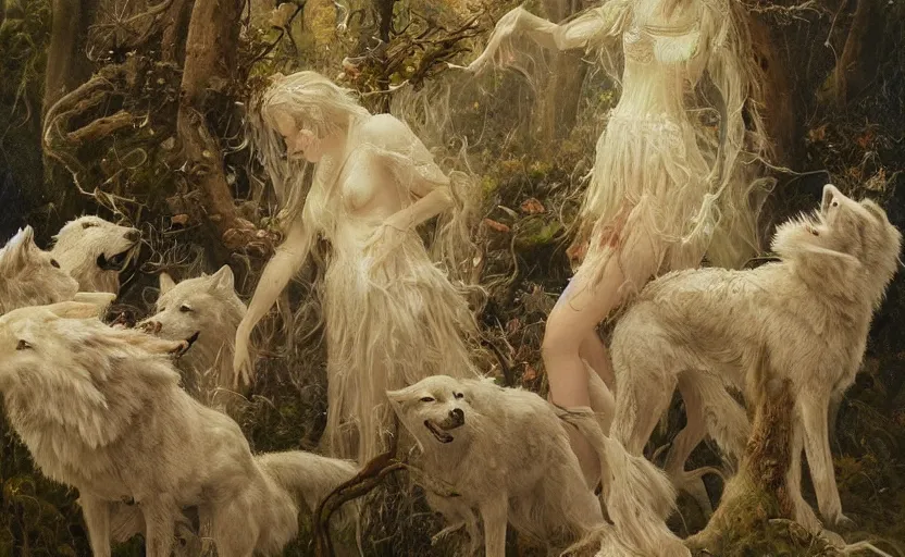 Image similar to a female spectral figure with leaves and feathers twisted in their hair is coming out of the fog with their pack of wolves, moss growing on their clothes, destructive magic pulsing at their fingertips, a spectacular intricate moody biedermeier painting, cgsociety