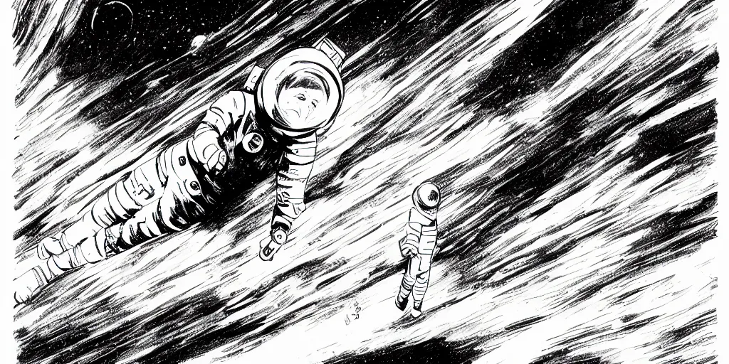 Image similar to ink lineart drawing of a lone female astronaut floating in the distance, small, space, wide angle, space background, artstation, etchings by goya, chinese brush pen, illustration, high contrast, deep black tones contour