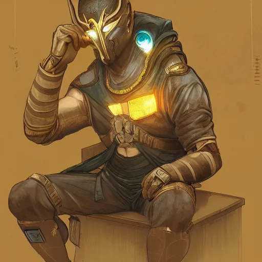 Prompt: an insanely detailed painting of a asian man wearing a homemade superhero costume and mask, sitting at a computer desk typing on the keyboard, in the style of peter mohrbacher, dramatic lighting and composition, trending on artstation, concept art, comic book, graphic novel, back view