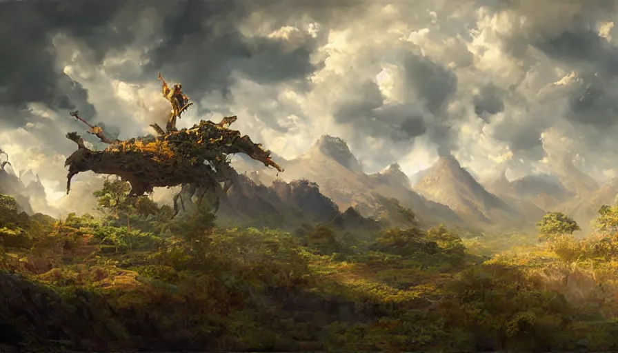 Prompt: excellent painted daemon in a wide epic beautiful landscape somewhere in asia with fluffy clouds, painted by Hans Fredrik Gude, Greg Rutkowksi, Craig Mullins and Artgerm, masterpiece, 4k, ultra realistic highly detailed oil painting