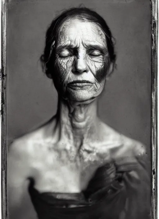 Prompt: portrait of a blind women, hyperrealism, photo realistic, detailed, award winning photograph, cinematic lighting, ambrotype wet plate collodion by richard avedon and shane balkowitsch